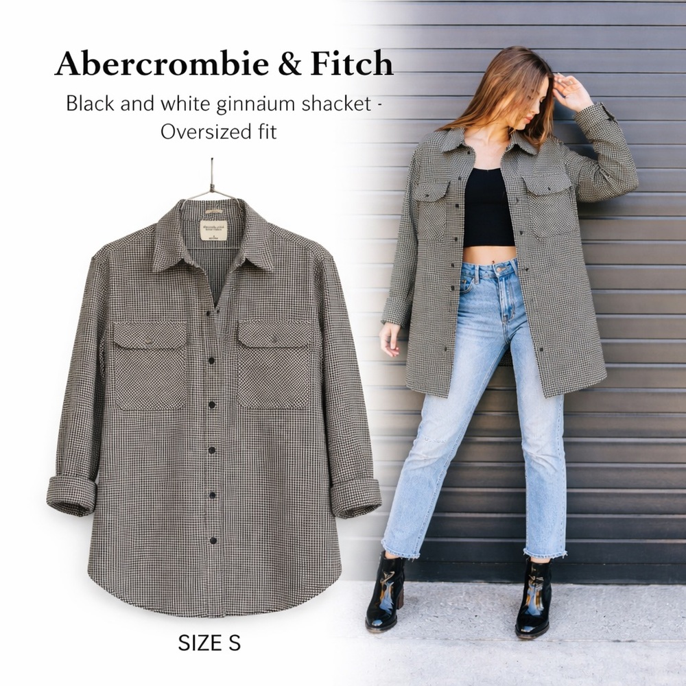 Abercrombie & Fitch Gingham Shacket Oversized Black White Button Up Jacket